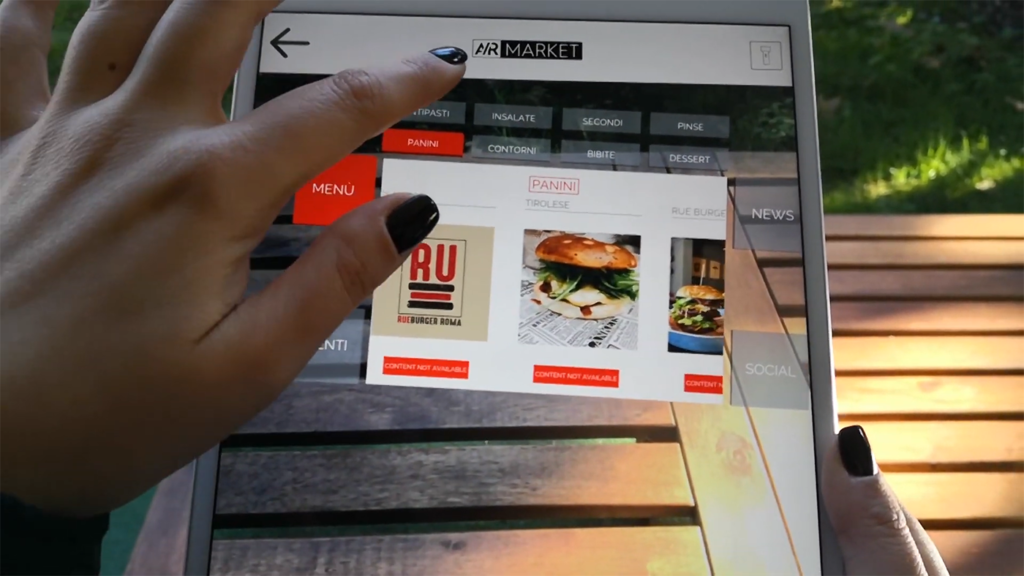 AR Makret augmented reality app displaying burger on a table.