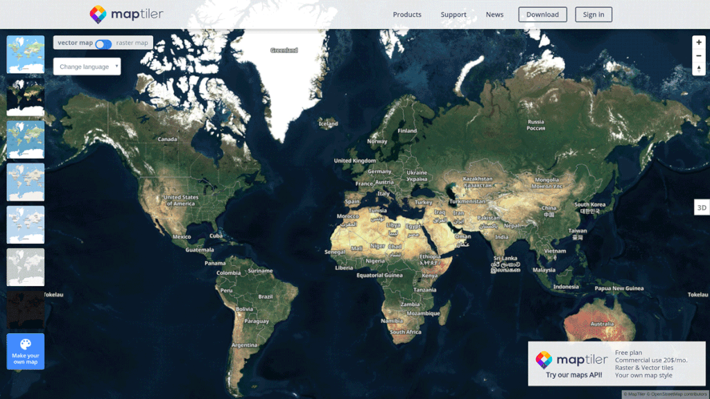 Maptiler generetad maps switching between day and night.