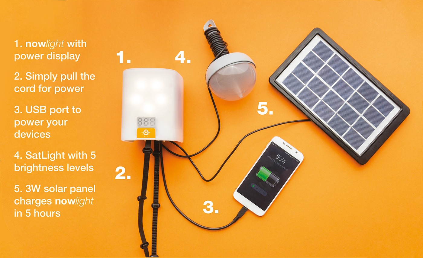 Nowlight with solar panel, external SatLight and a smartphone on an orange background.