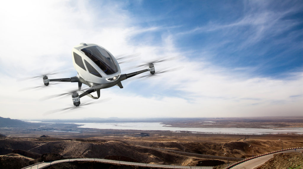 The EHang autonomous aerial vehicle in flight.